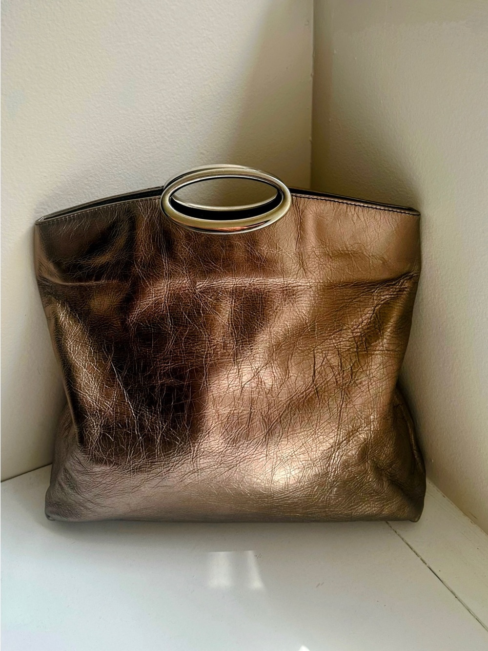 Metallic Bronze Tote Bag with Oval Top Handle